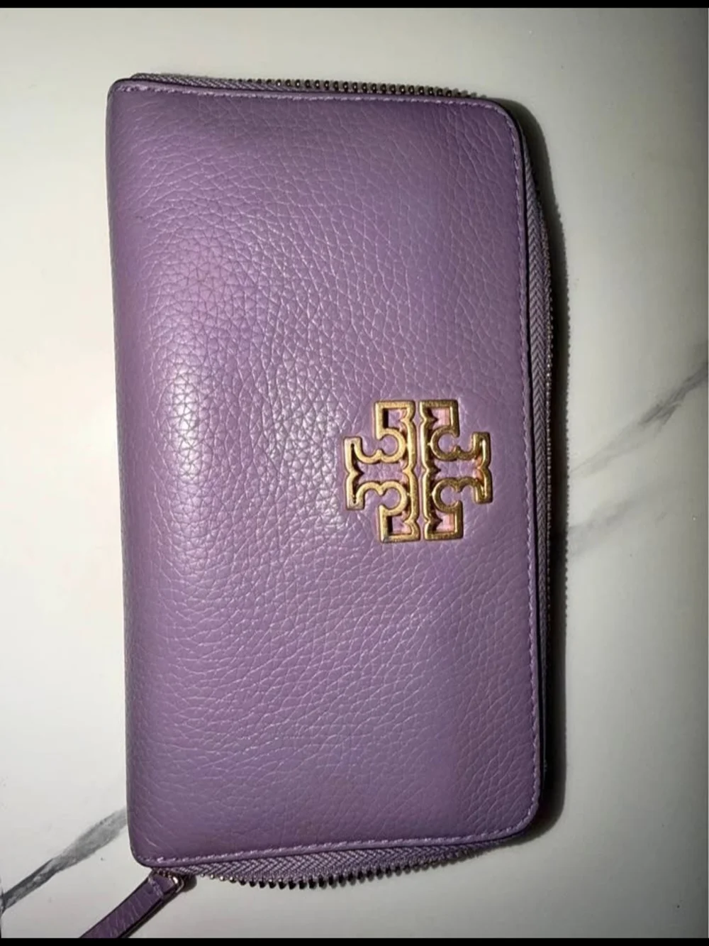 Tory Burch Lilac Pebbled Leather Zip-Around Wallet with Gold Logo